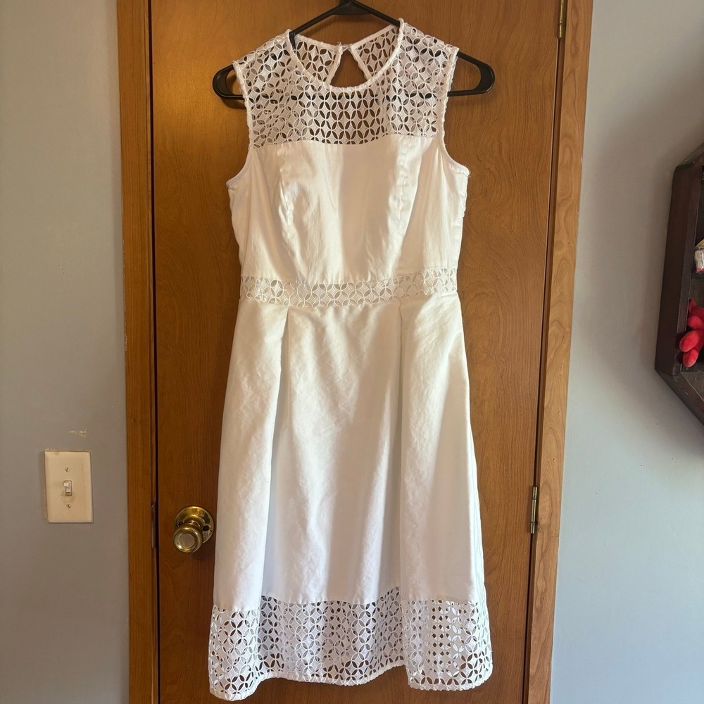 Calvin Klein White Eyelet Lace Fit & Flare Dress Sleeveless Size 8